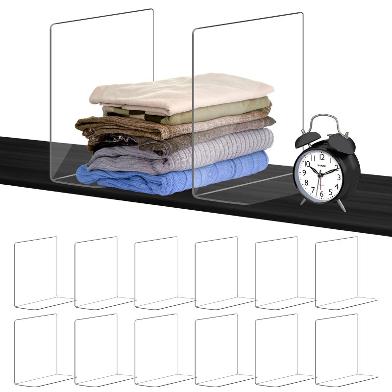 OKPOW Acrylic Shelf Dividers for Closet Organization: 12 Pack Durable Clear Shelves Separators for Clothing Adjustable 12"" Tall x 10"" Deep - Image 1